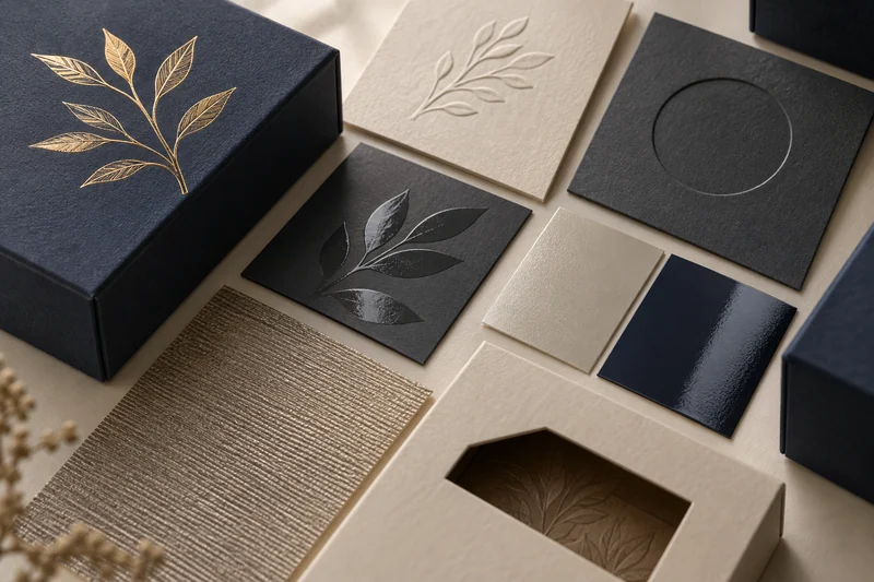 Rigid box paper wrapping, foil and surface finishing detail