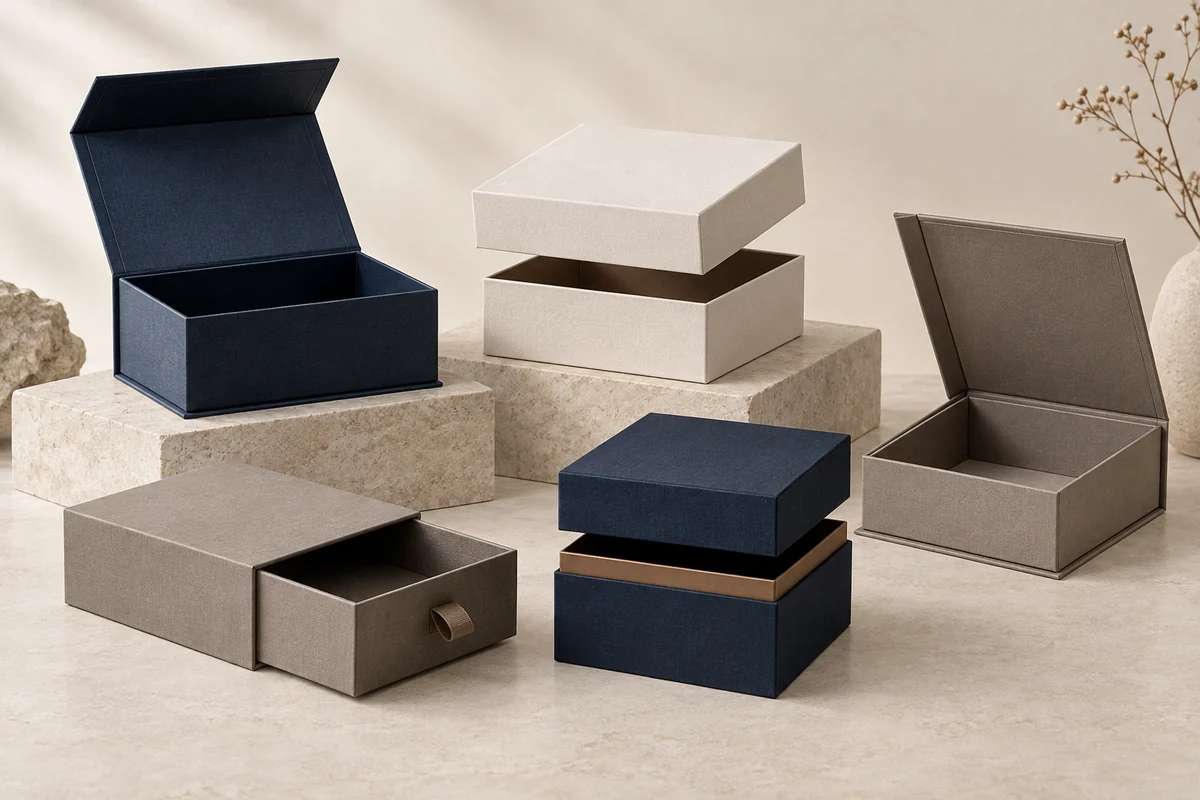 Premium custom rigid box structures in navy, ivory and taupe